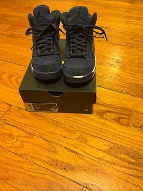 Jordan Kids Navy Blue and White High-Top Sneakers
